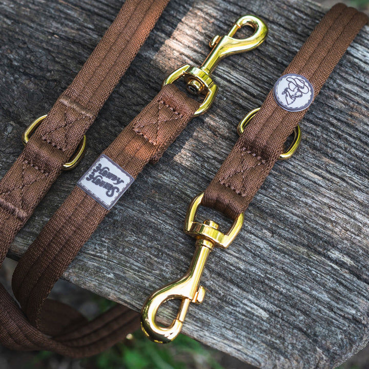 Brown dog leash with gold clasp on a wooden surface