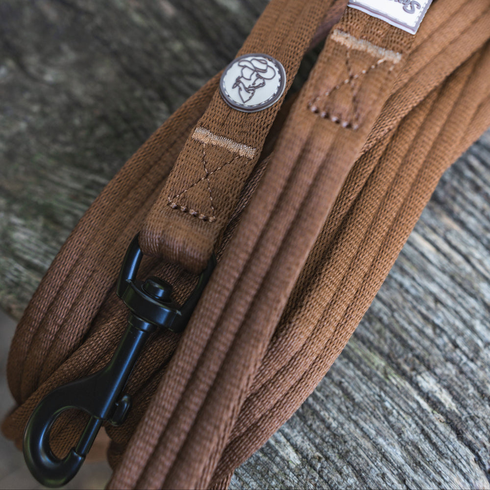 Brown leather strap with a metal clasp on a wooden surface