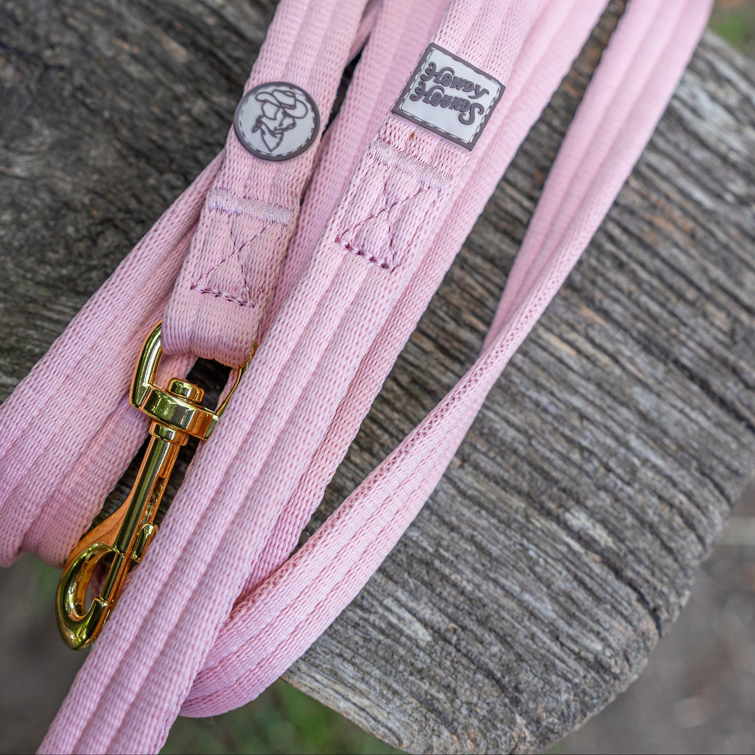 Pink dog leash with gold clip on a wooden surface